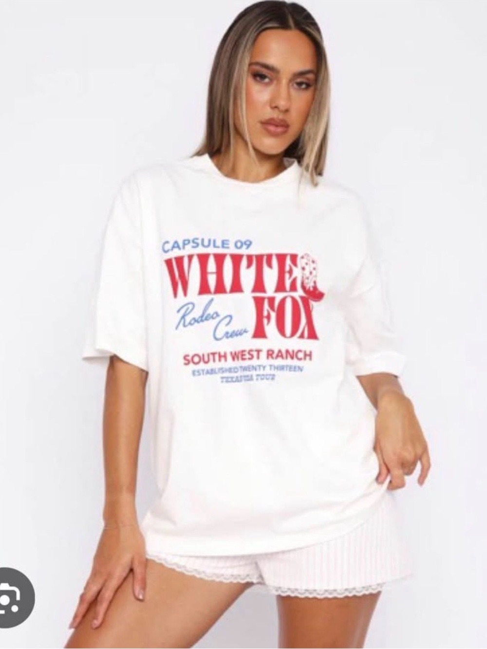 White Fox Boutique White Short-Sleeve Graphic Tee with Red & Blue Logo